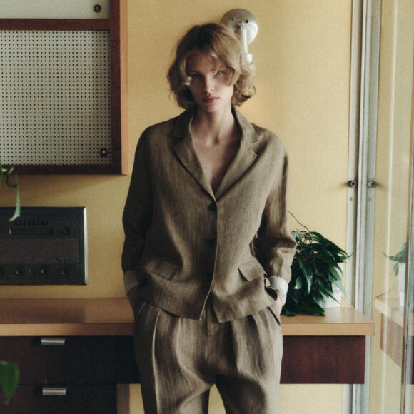 ZARA Linen Beige Striped Blazer Size M - Picture 2 of 11